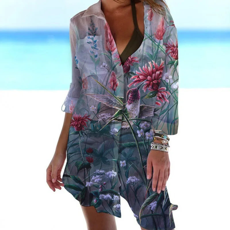 Women's slim fit beach cover shirt with 3D bird and flower digital print pattern, cardigan style with long sleeves