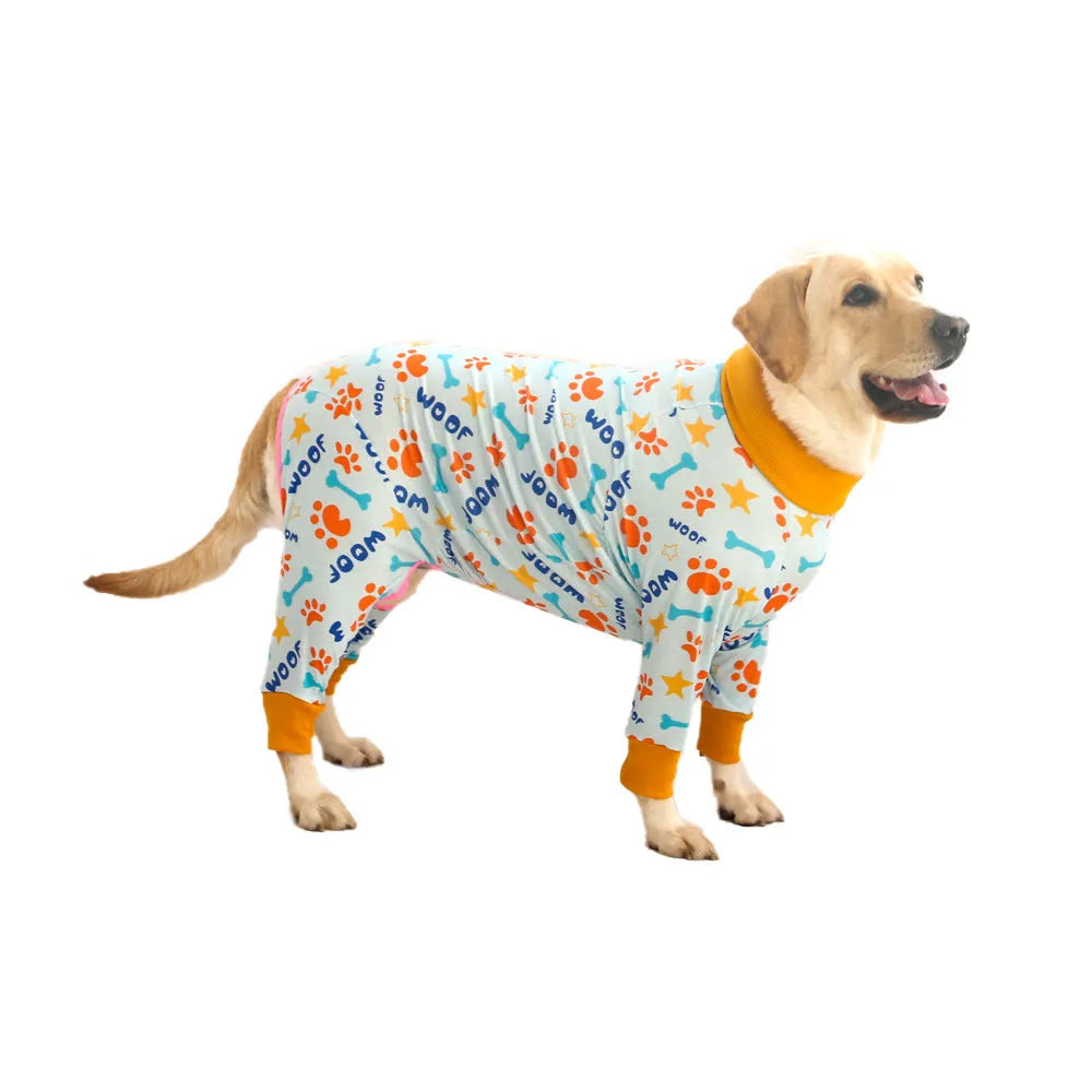 Cotton four-legged dog jumpsuit with colourful print pattern on small dog