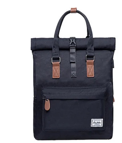Black casual polyester backpack with cover opening, showing laptop pocket and under 20-litre capacity.