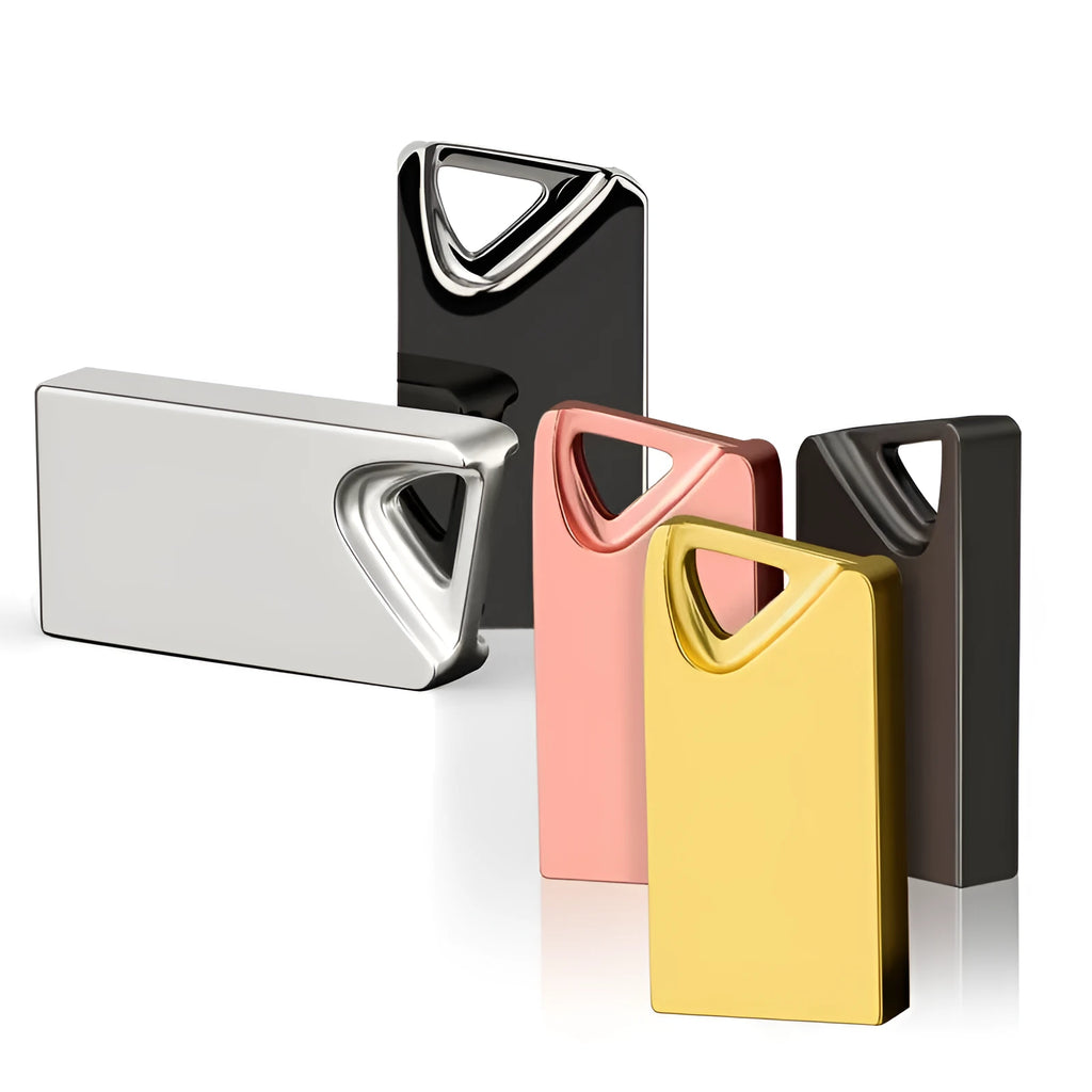 White mini metal USB flash drive with integrated laser pen feature.