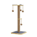 Natural wood tone cat climbing frame with a red hanging ball toy and beige carpet leather scratching surfaces.