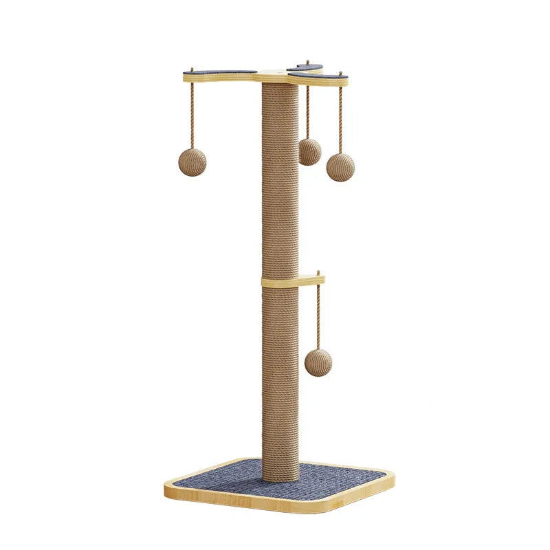 Natural wood tone cat climbing frame with a red hanging ball toy and beige carpet leather scratching surfaces.