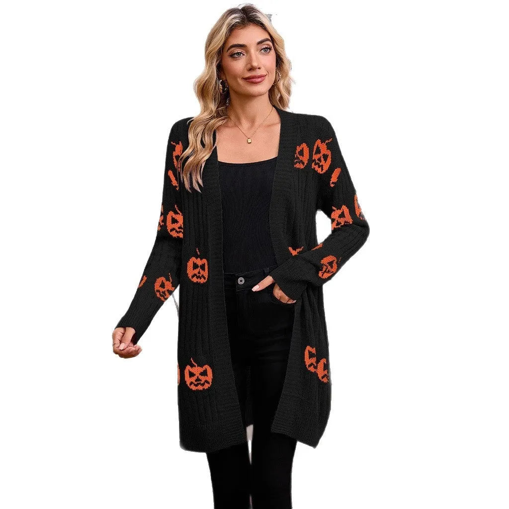 Women's black Halloween cardigan with Jacquard-knitted orange pumpkin head pattern and straight-cut design