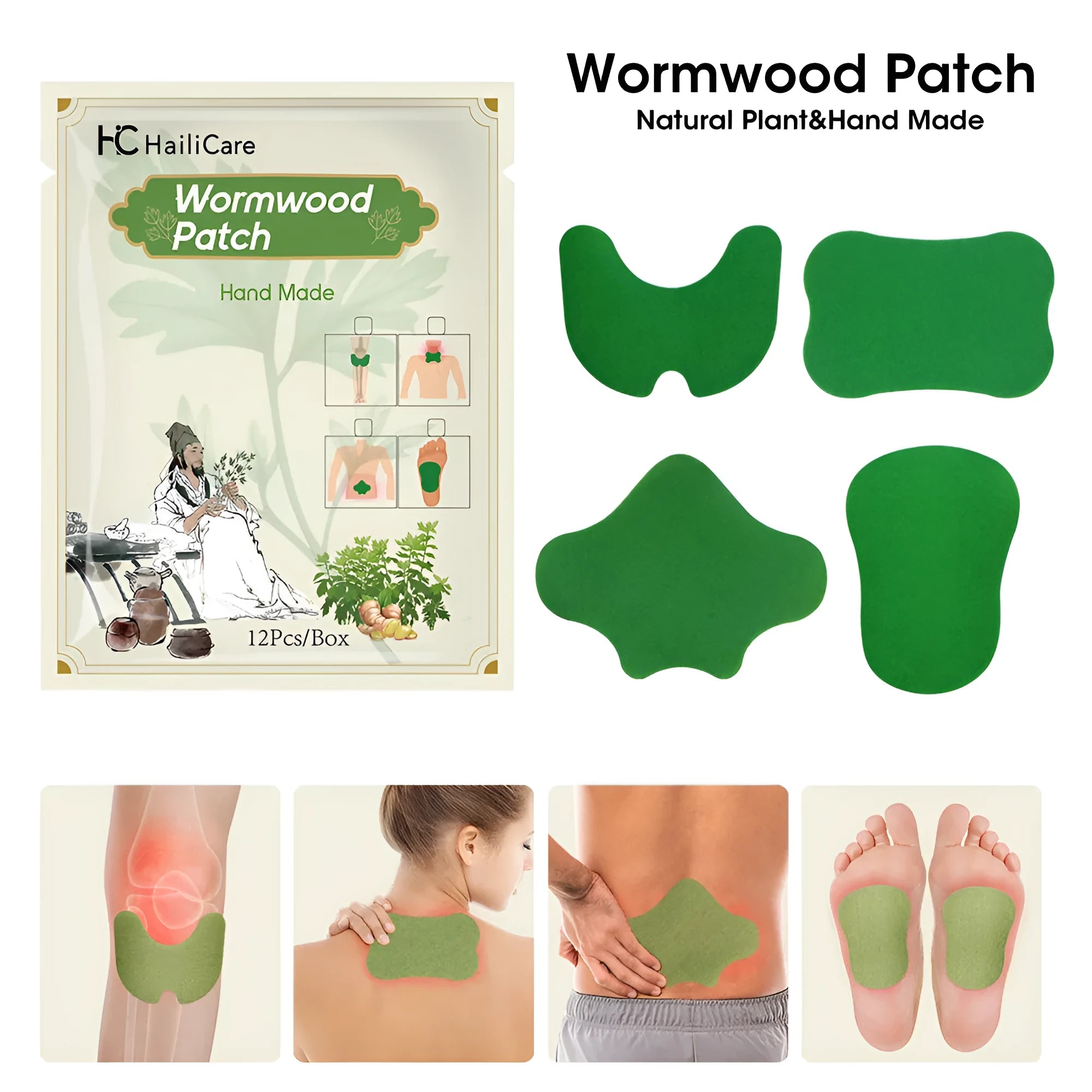 Mugwort paste patch bag containing twelve herbal patches for knee lumbar cervical and foot areas