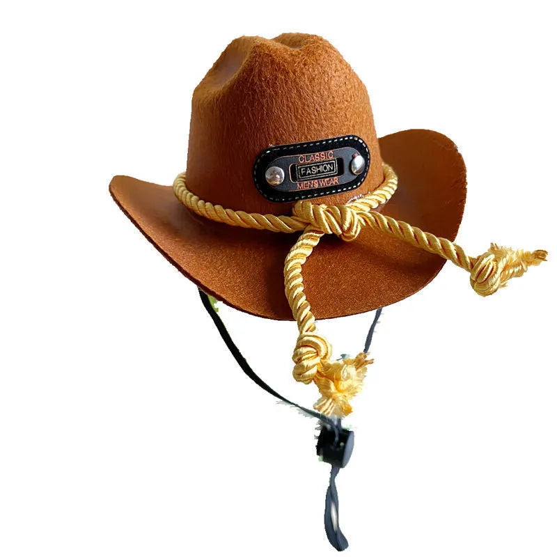 Brown British cowboy hat for a cat on a white background with a black ribbon trim.