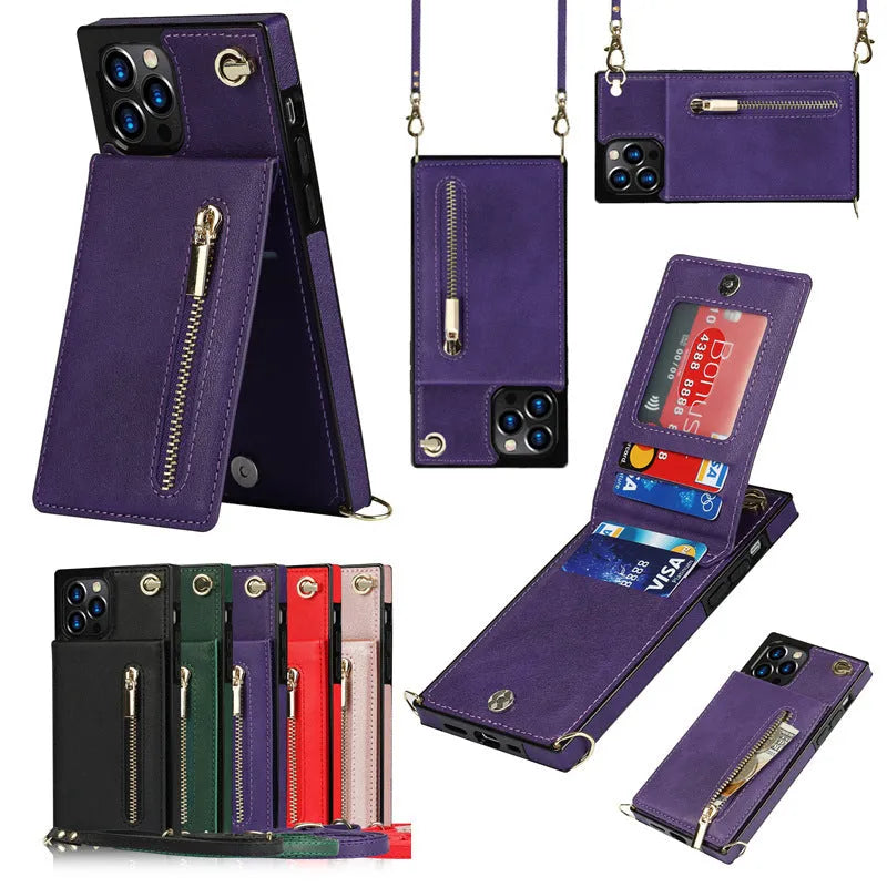 Leather and TPU messenger-style protective case for mobile phone in solid colour.