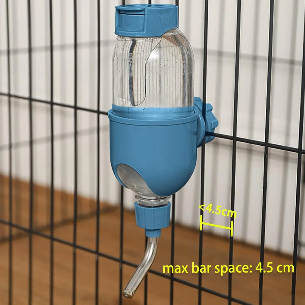 Blue small animal water bottle with rotatable nozzle attached to cage bars
