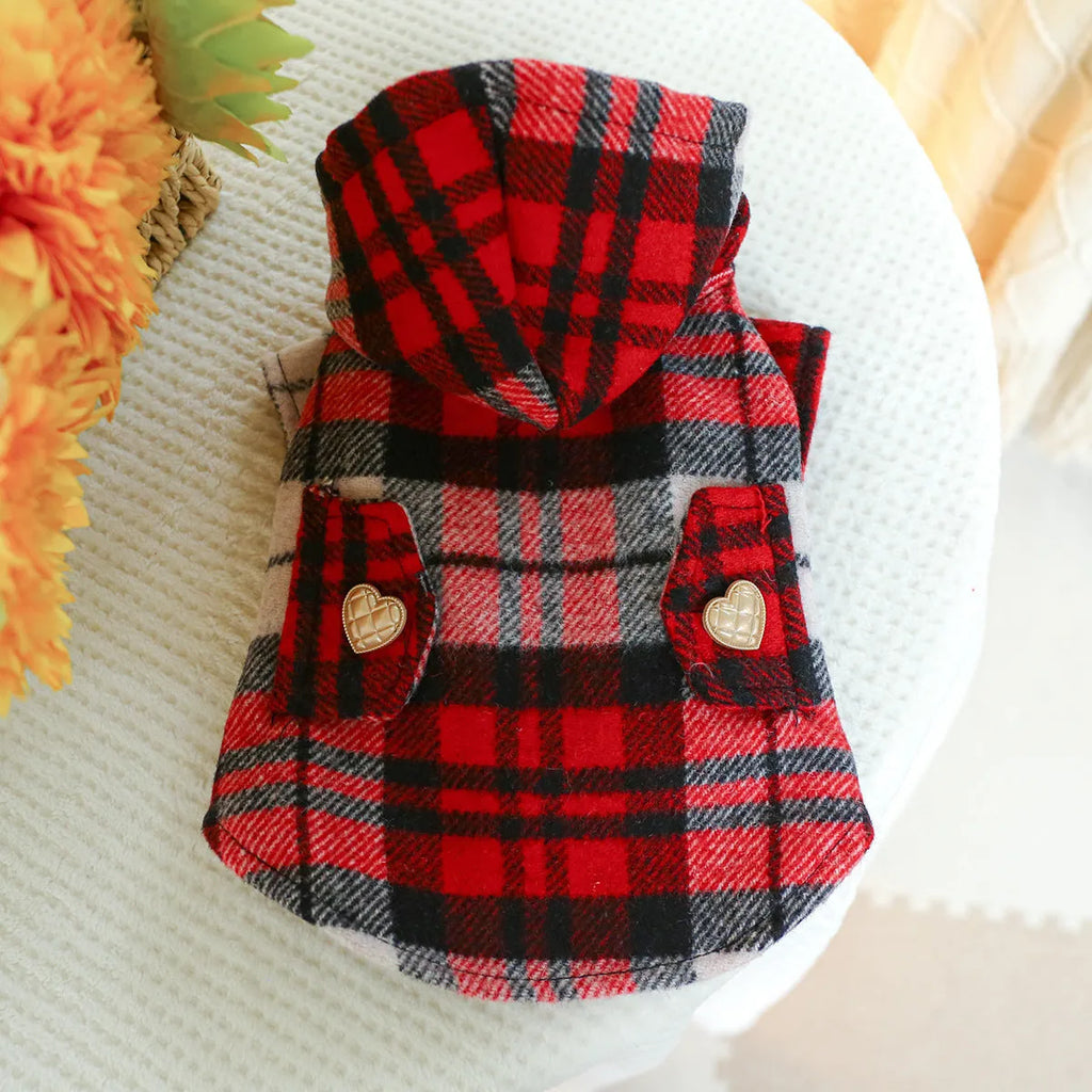 Red plaid dog trench coat on a medium-sized dog, showing the structured collar and classic trench design for winter.
