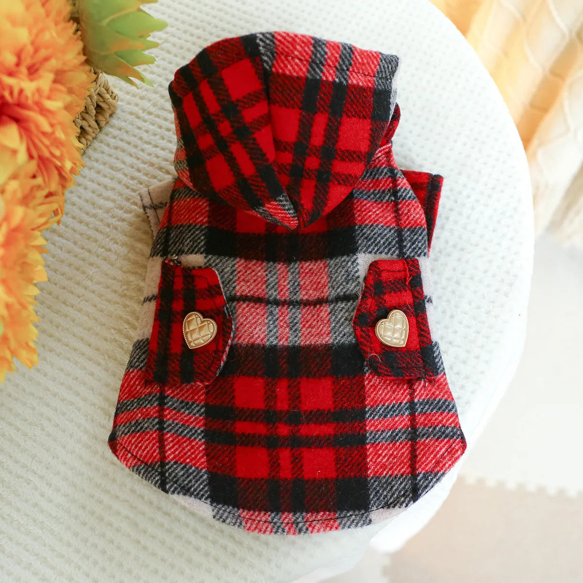 Red plaid dog trench coat on a medium-sized dog, showing the structured collar and classic trench design for winter.