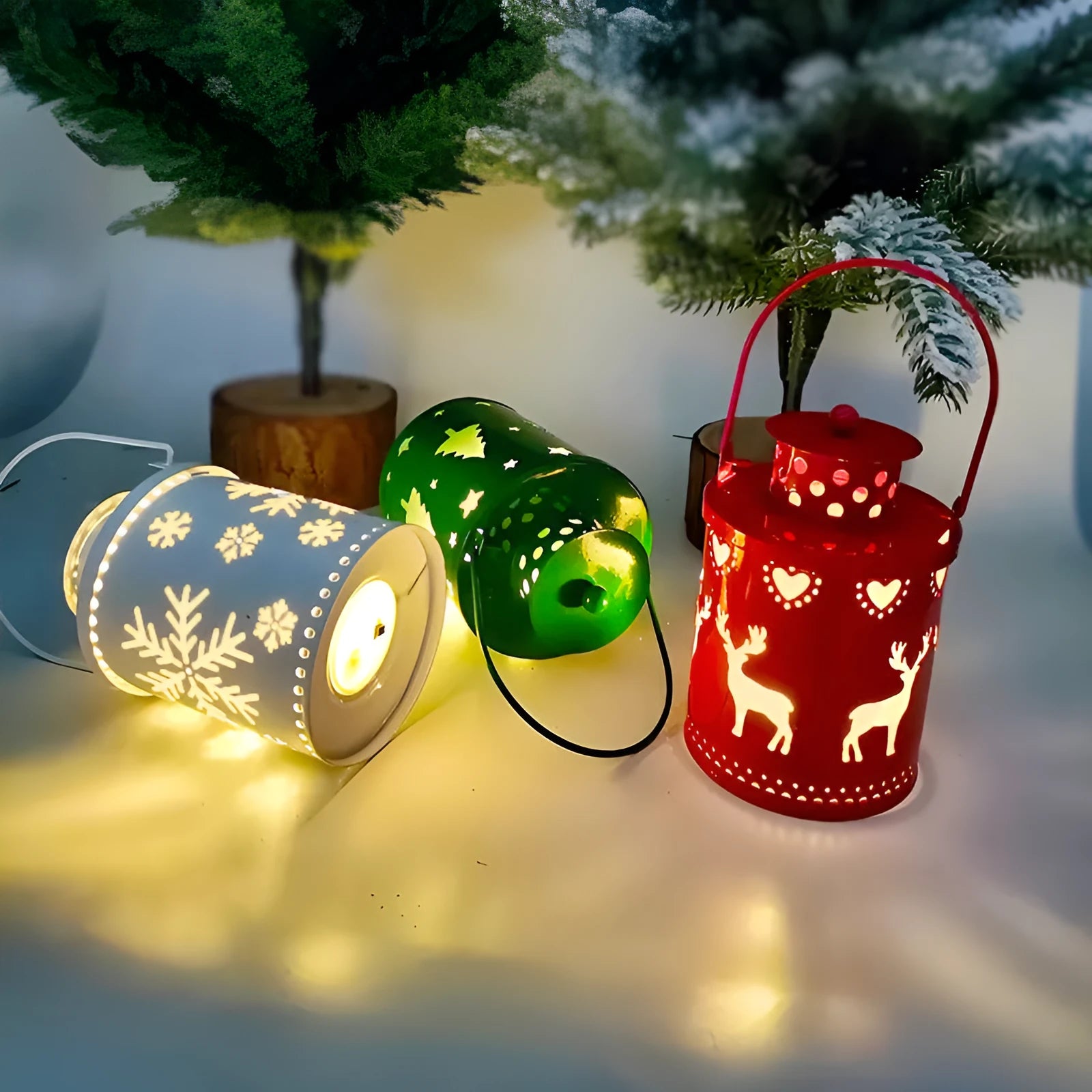 Nordic style Christmas candle light lantern with wrought iron frame and LED bulb