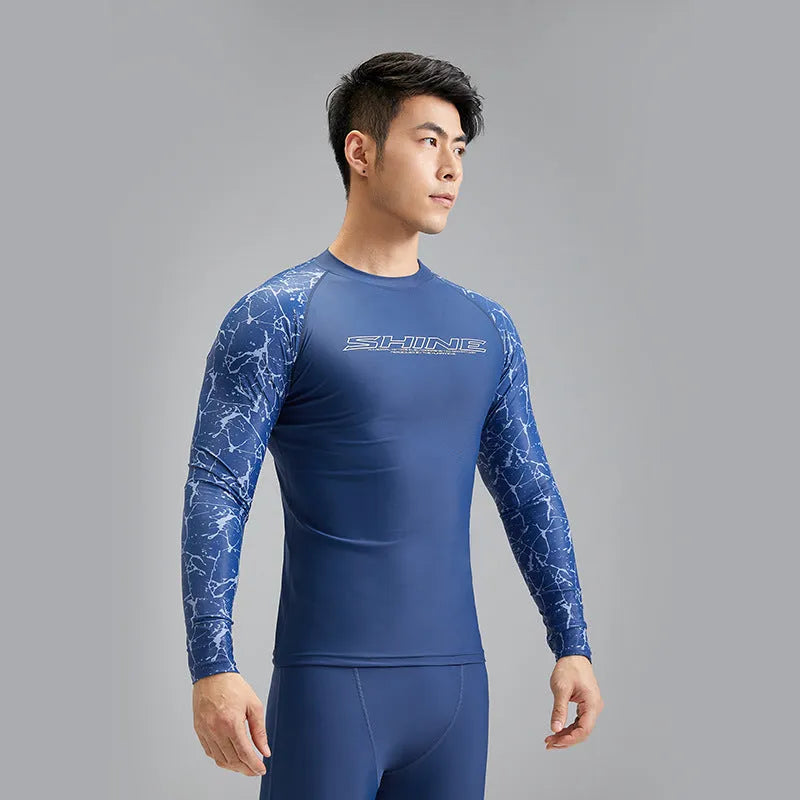 Men's two-piece swimwear set dark blue pattern nylon fabric extended sizes