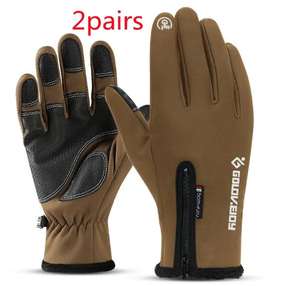 Winter thermal fleece motorcycle gloves with zipper and touch screen fingers on black background