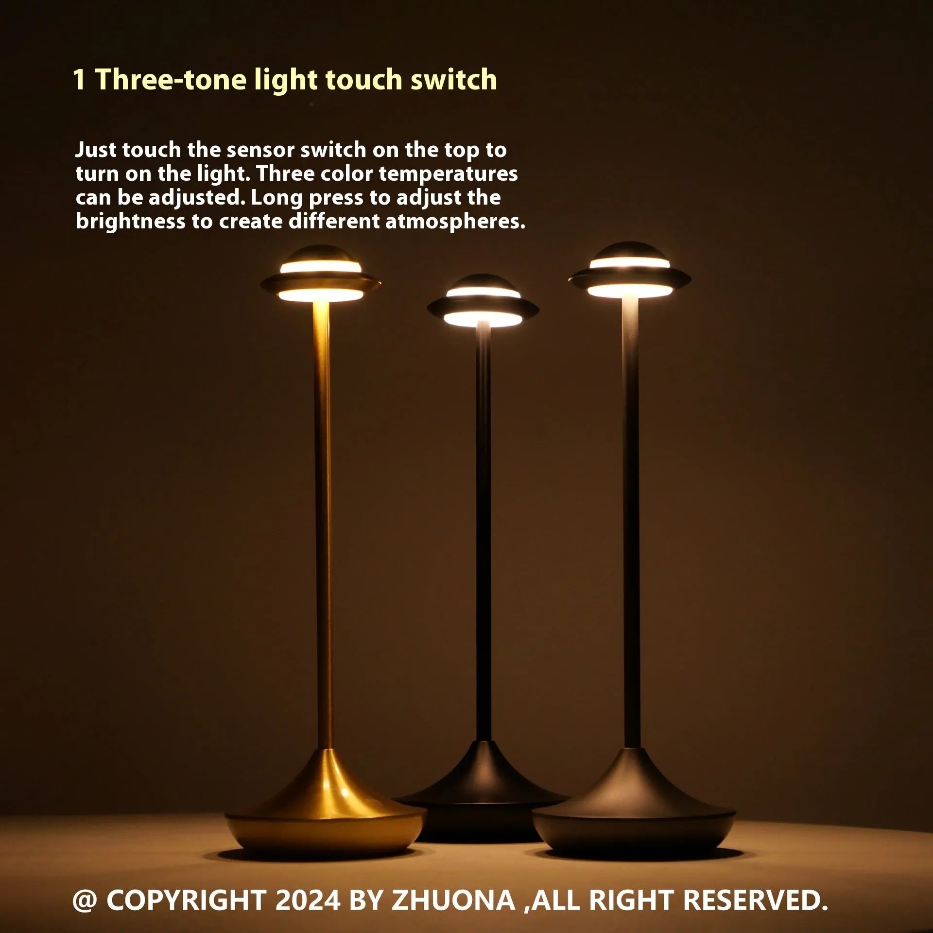 Modern gold UFO-shaped metal desk lamp with touch-sensitive base on a wooden table.
