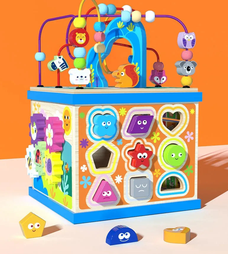 Blue wooden bead treasure box activity centre for toddlers with multi-functional play scenes
