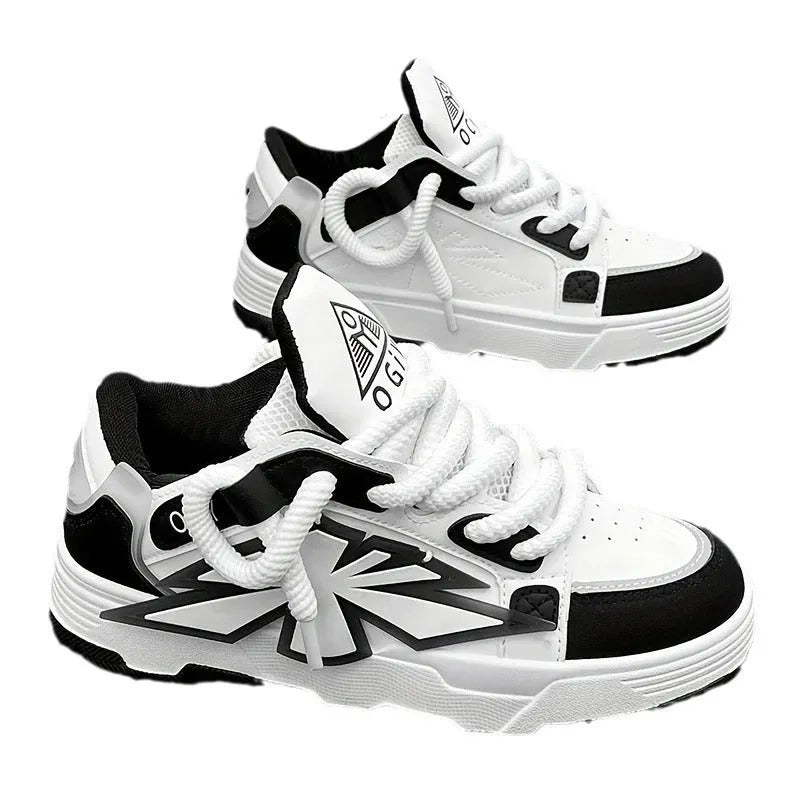Men's white chunky Harajuku sneakers with thick rubber sole and synthetic leather upper.