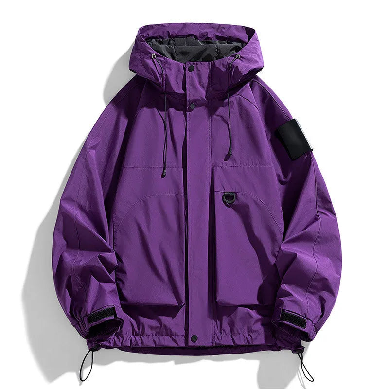 Men's black windproof waterproof hooded jacket on a hanger
