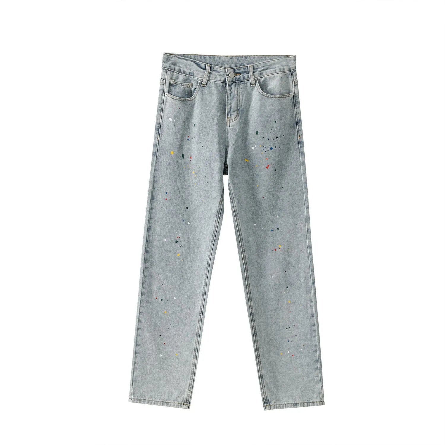 Light blue straight loose jeans with paint splash and washed finish, mid-waist zip fly, laid flat on neutral background