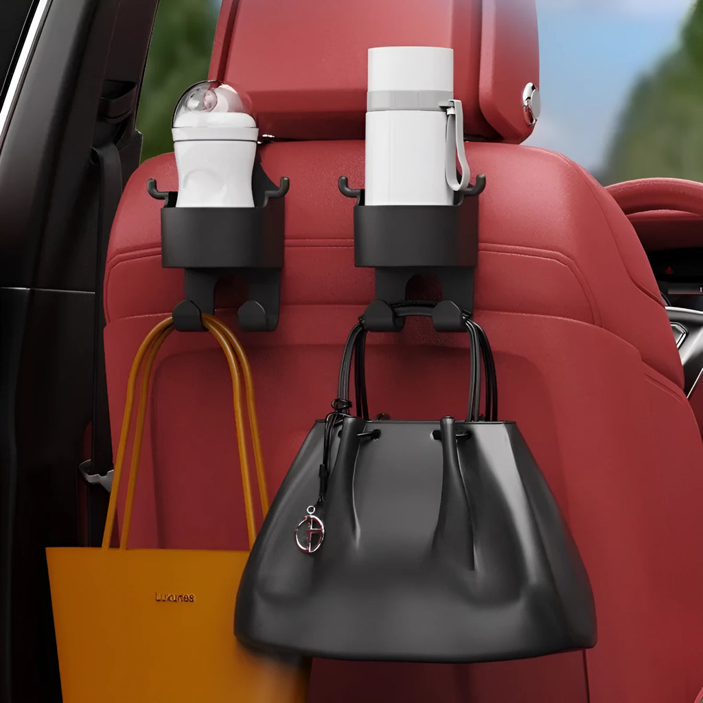Black plastic car seat back hook organiser with a cup holder and a separate hanging hook.