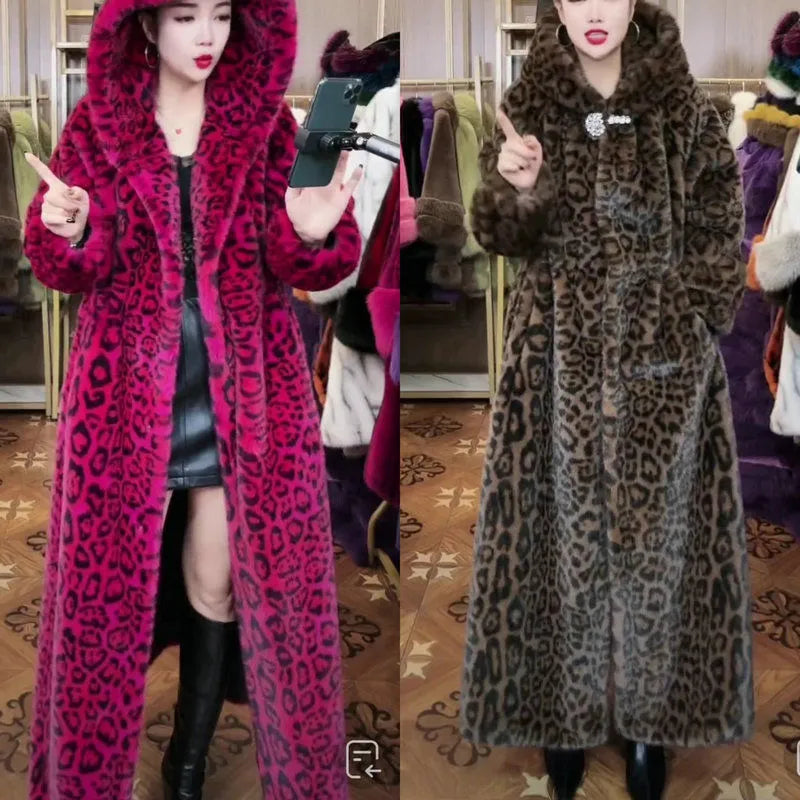 Brown leopard print plus size faux fur coat for women with long 100cm length and loose fit.