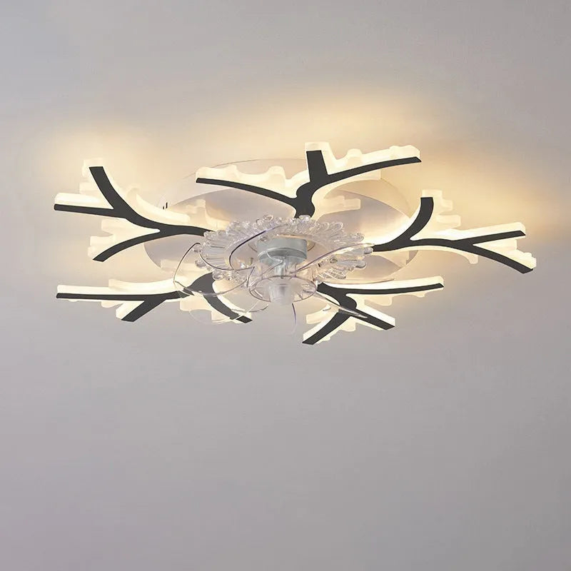Modern white ceiling fan light with six-blade design and integrated light fitting on a room ceiling.
