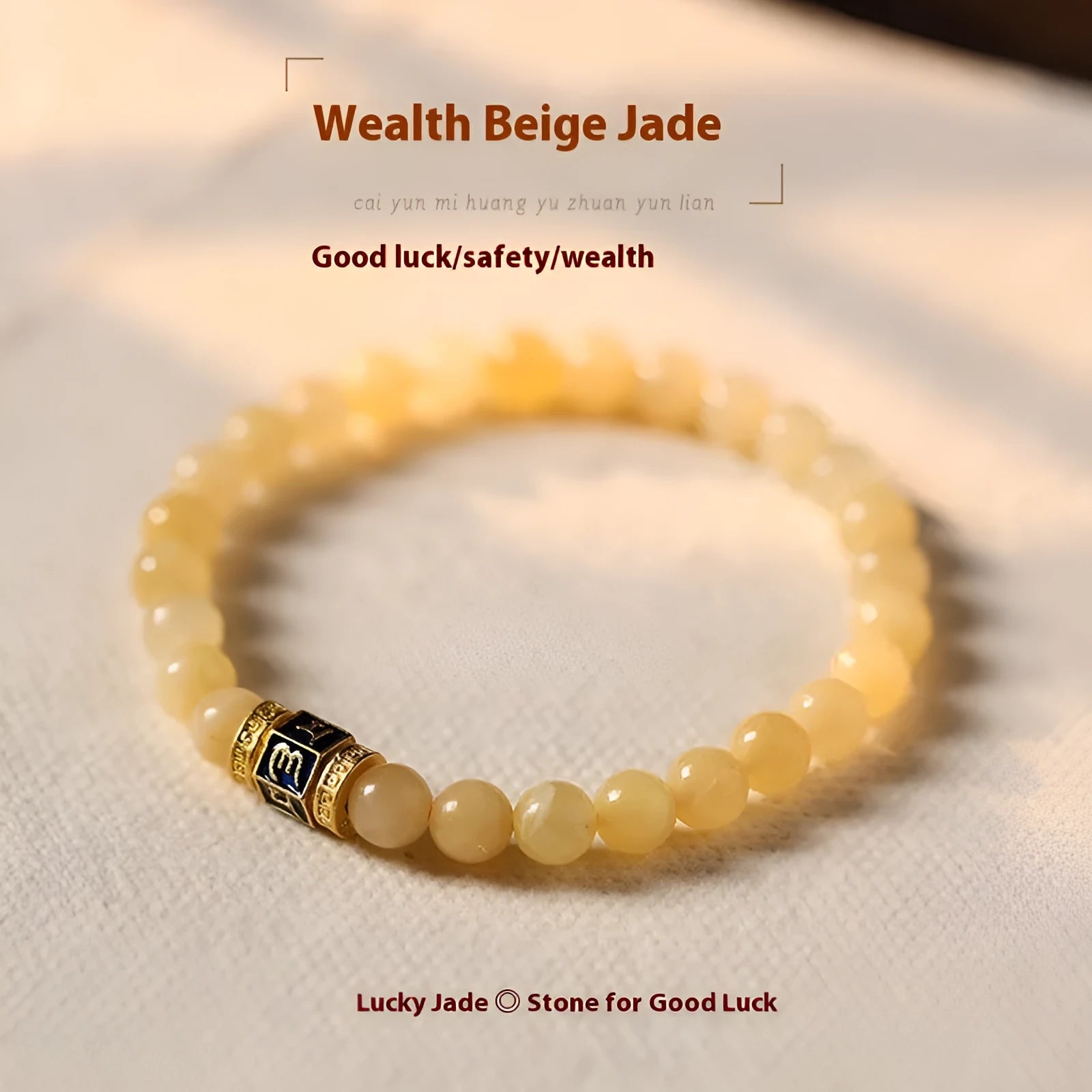 Women's hand-woven topaz bracelet with 6mm mantra barrel beads and square jade charms
