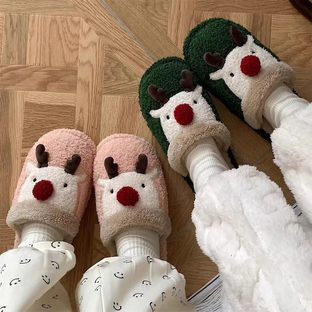 Brown women's cotton slippers with a Christmas deer design and non-slip PVC sole.