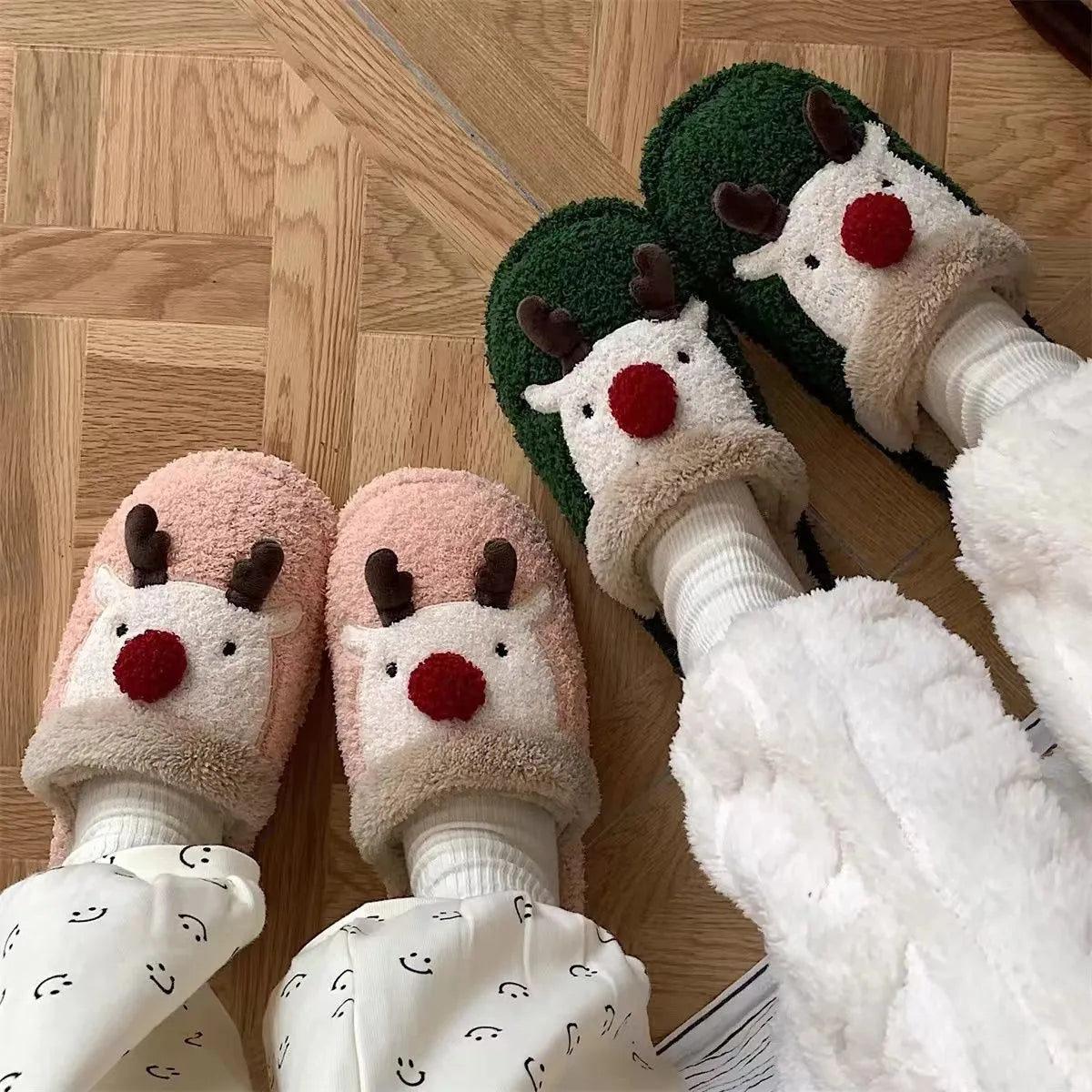 Brown women's cotton slippers with a Christmas deer design and non-slip PVC sole.