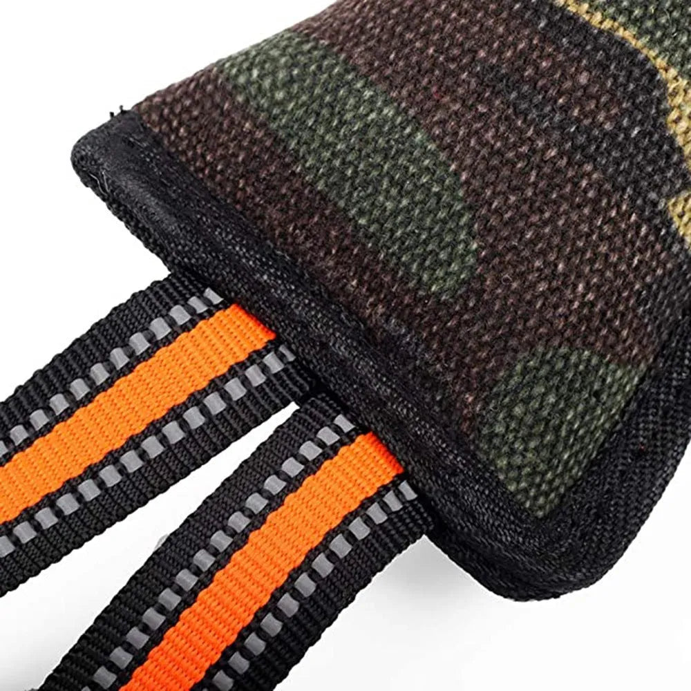 Reflective jute dog bite stick with yellow edge trim measuring 55 cm for training and play