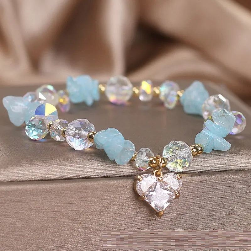 Natural aquamarine gravel crystal bracelet for women in sky blue electroplated finish with heart motif