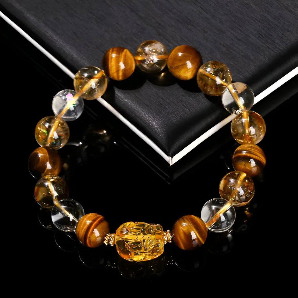 5A natural yellow tiger's eye and citrine pi xiu bracelet with 10mm geometric beads