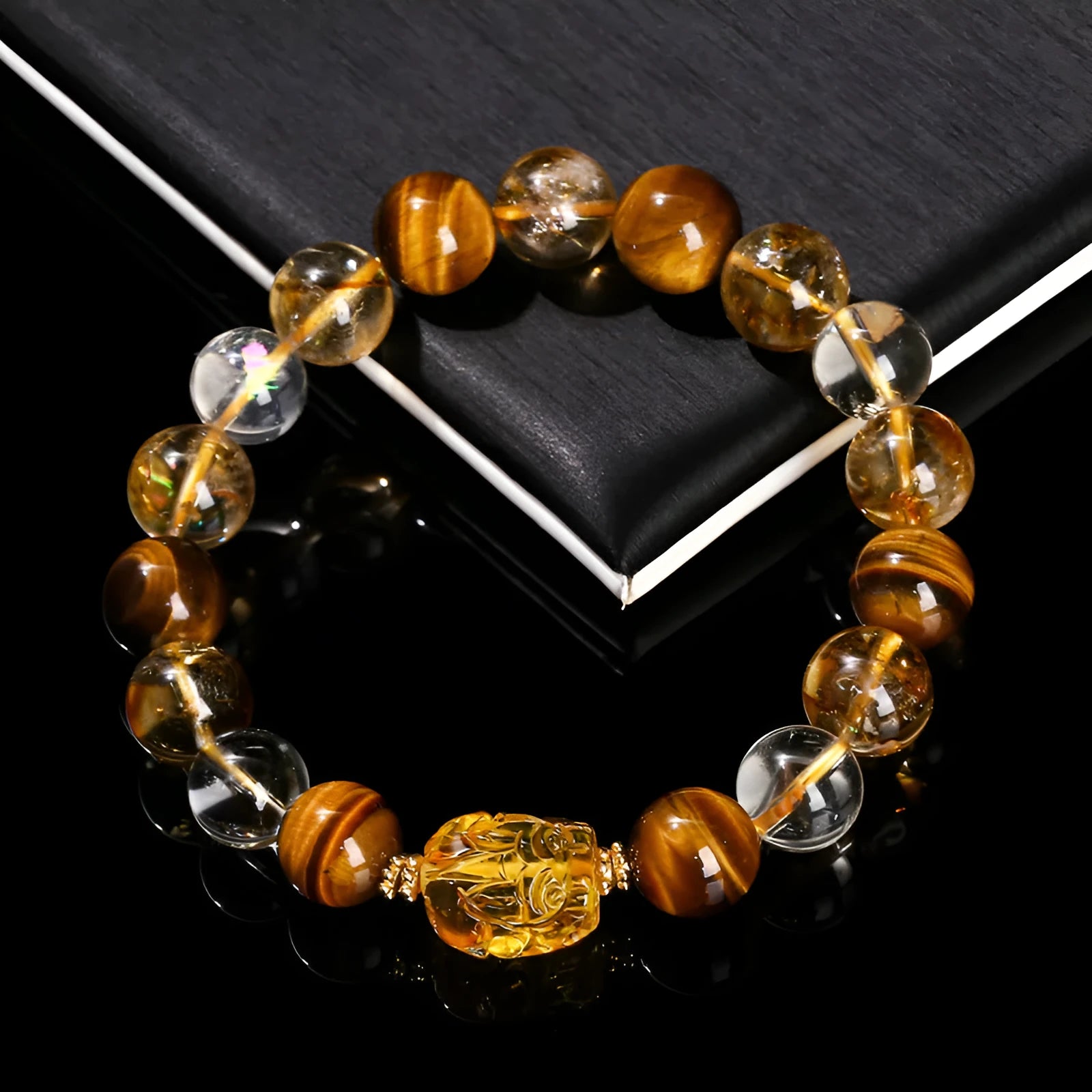 5A natural yellow tiger's eye and citrine pi xiu bracelet with 10mm geometric beads