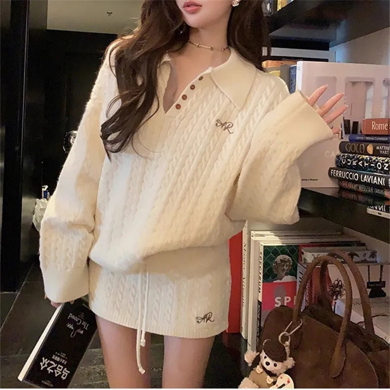 Korean academic twist knit skirt set in beige colour blocking, long sleeves, short skirt, polyester velvet