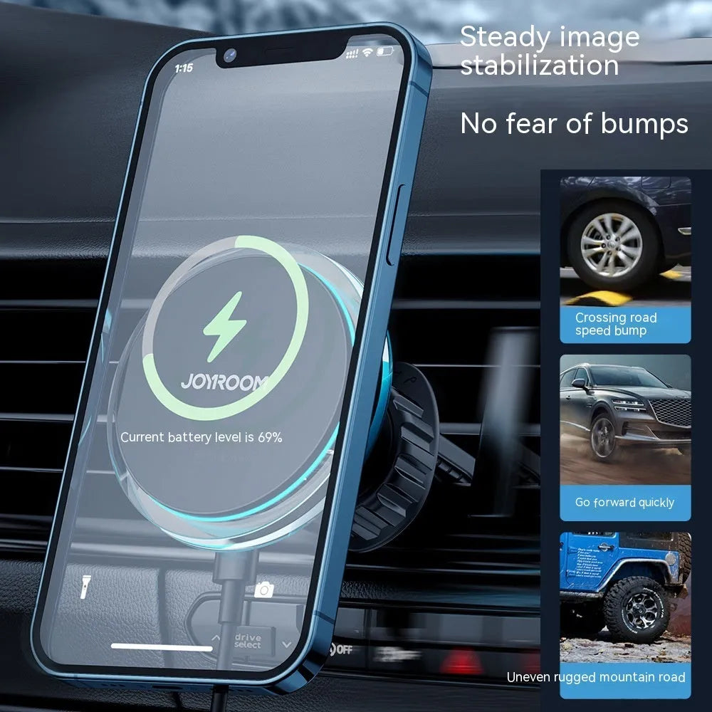 Black magnetic wireless car phone charging stand mounted on car air vent