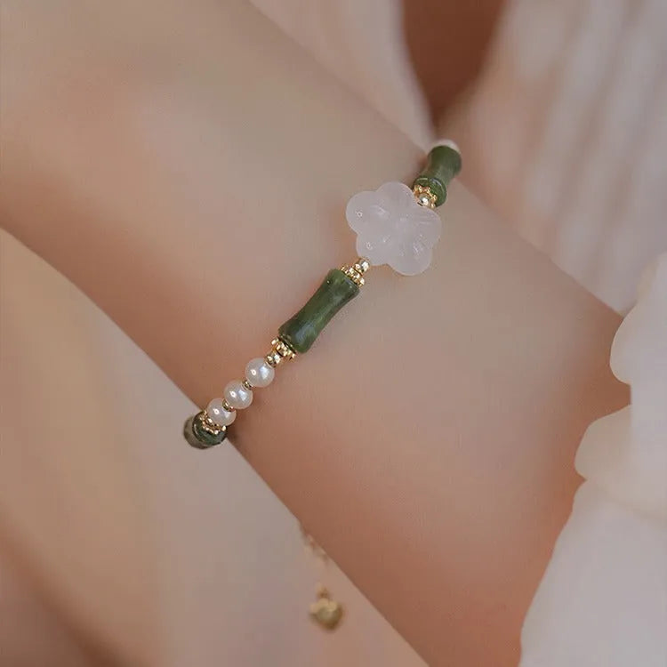 Chinese-style Hetian jade bracelet with antique bamboo joint design and 4mm shell pearl beads