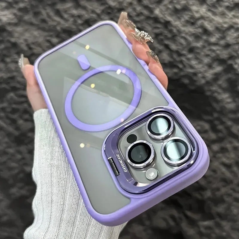 Acrylic transparent phone case with magnetic lens bracket in navy blue for iPhone 17 series