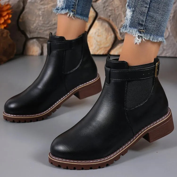 Women's black ankle boots with belt buckle decoration and non-slip rubber soles