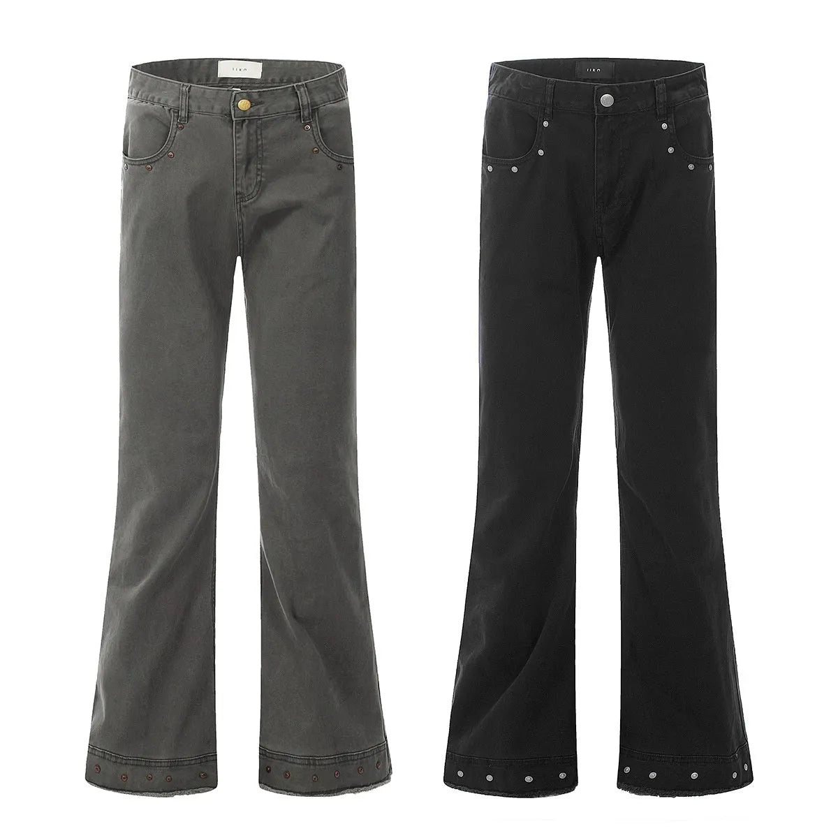 American retro straight-leg skinny jeans in black cotton denim laid flat.
