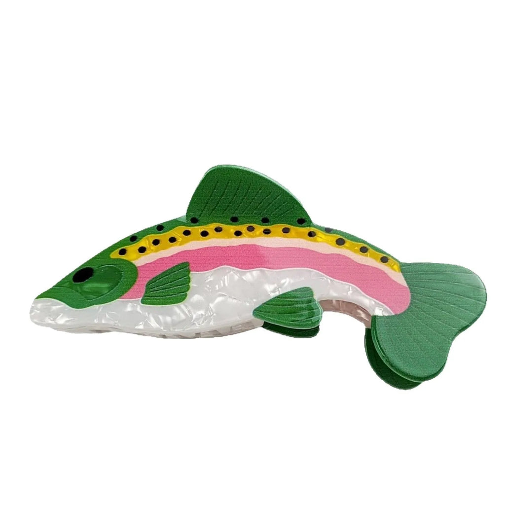 Dark green hair clip with detailed rainbow trout print on PVC material for marine enthusiasts