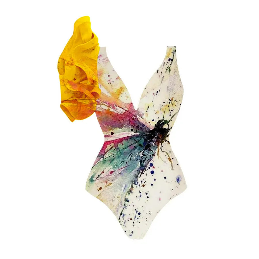 Yellow women's one-piece swimsuit with conservative torso coverage and bikini briefs on a mannequin.