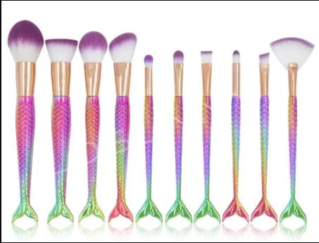 Mermaid makeup brush set of 10 pieces with multicolor nylon bristle brushes for powder eyeshadow