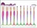 Mermaid makeup brush set of 10 pieces with multicolor nylon bristle brushes for powder eyeshadow