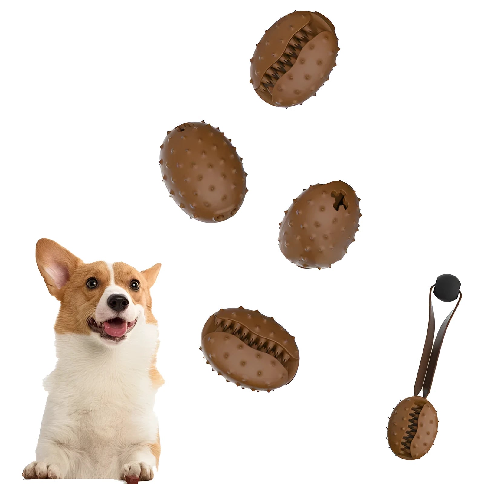 Coffee-brown TPR dog toy shaped like a bean with attached rope knot for dental cleaning and slow feeding.
