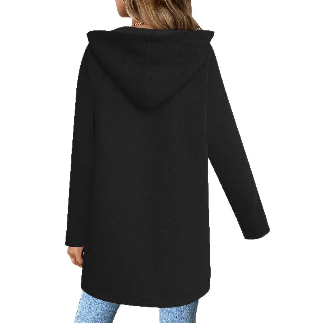 Women's loose grey cardigan coat with pockets and regular sleeves