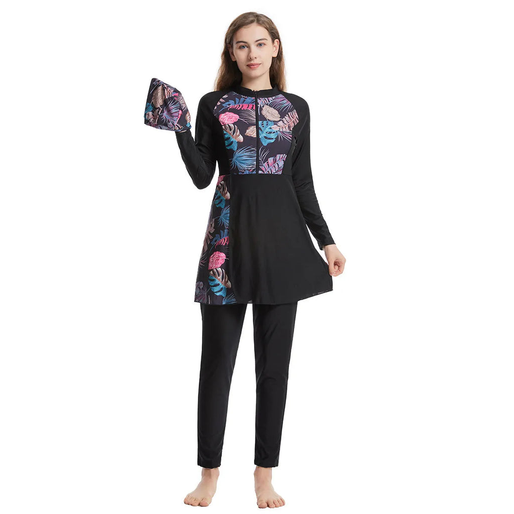 Women's stitching conservative swimwear three-piece set in black, quick-drying nylon, sizes S to XXXL