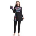 Women's stitching conservative swimwear three-piece set in black, quick-drying nylon, sizes S to XXXL