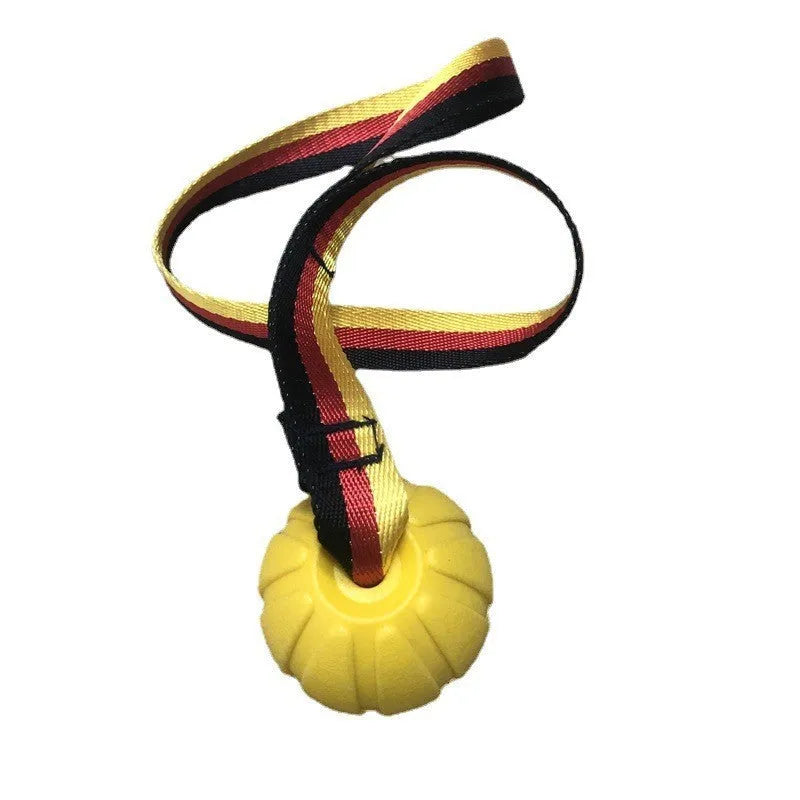 EVA floating pet training ball in camouflage colour showing tetherball design with knot attachment