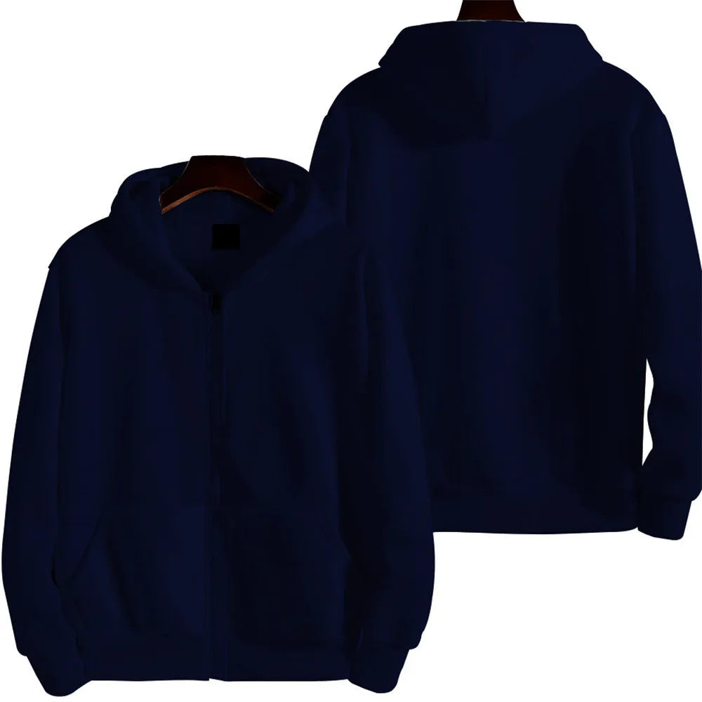 Men's loose fit solid colour zip-up sports jacket in polyester spandex fabric on a hanger