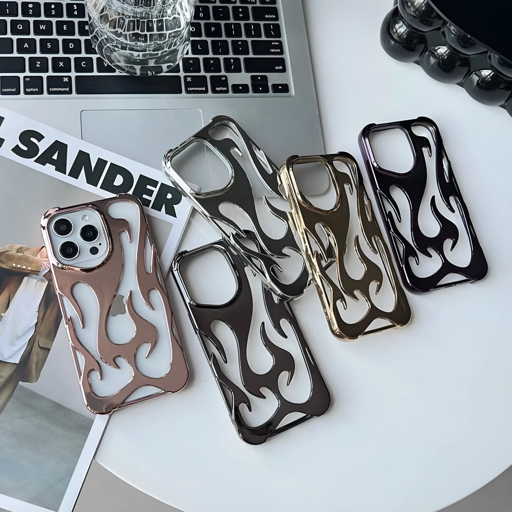 Electroplated hollow flame pattern iPhone case in silver, showing detailed cut-outs and metallic finish on a phone.