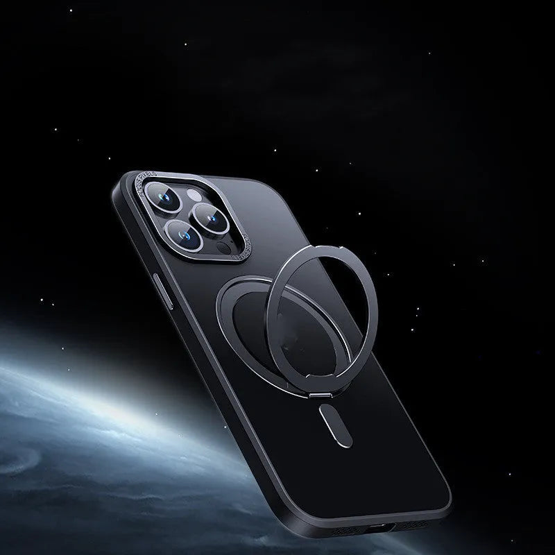 Transparent MagSafe compatible iPhone case with fulcrum cover for iPhone 15 Pro.