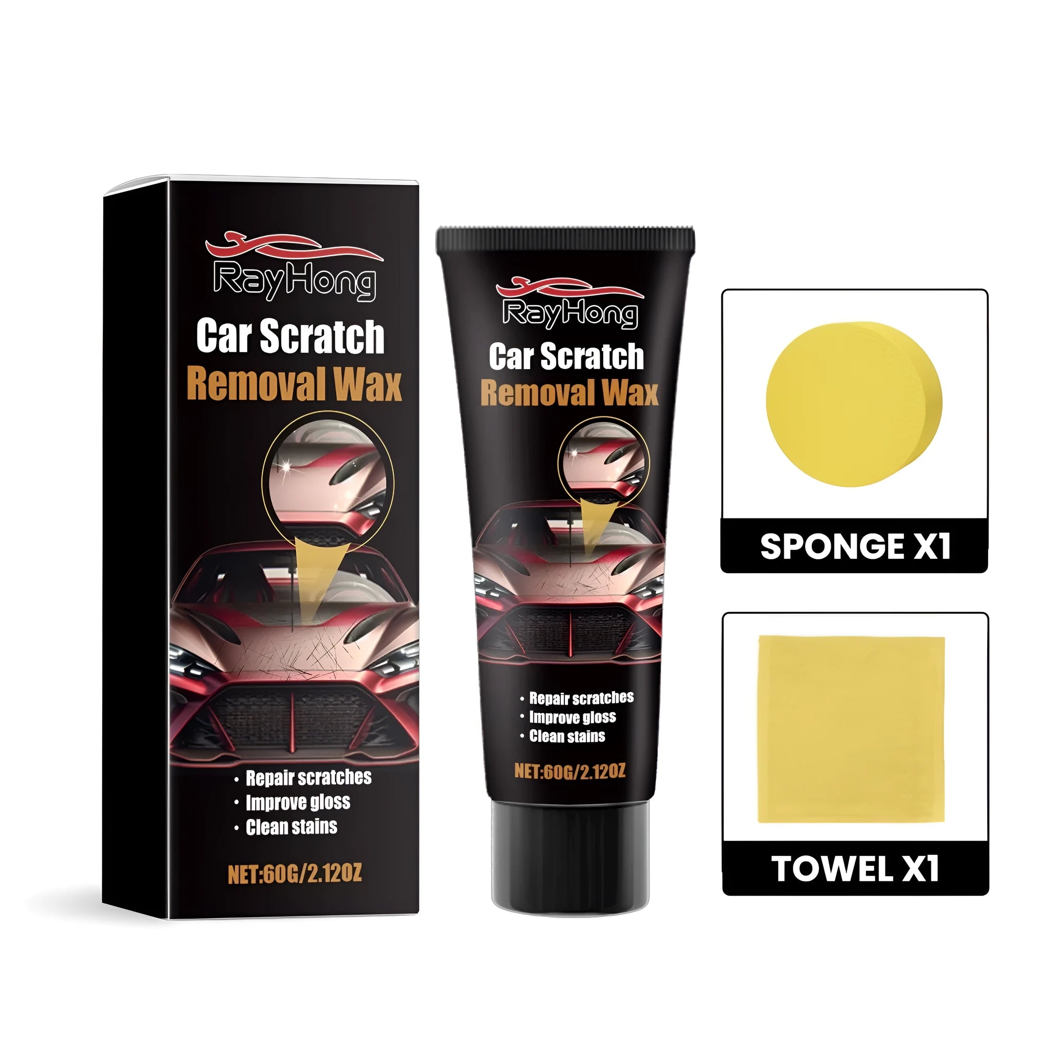 Car scratch removal wax kit with 60g container, application sponge, and microfiber towel for automotive paint repairs